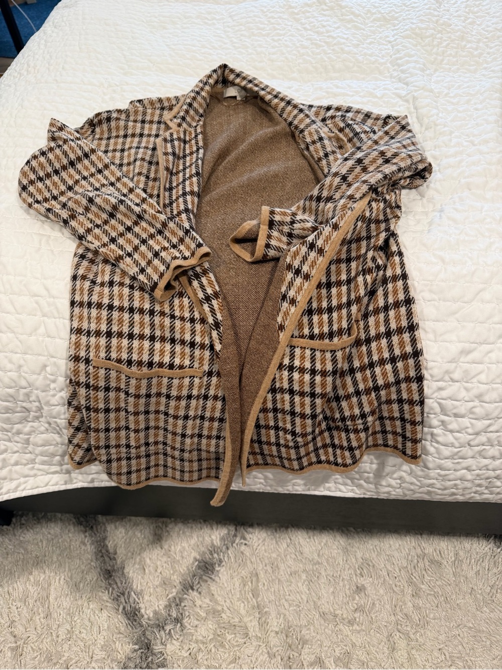 LOFT Tan and Brown Plaid Open Cardigan